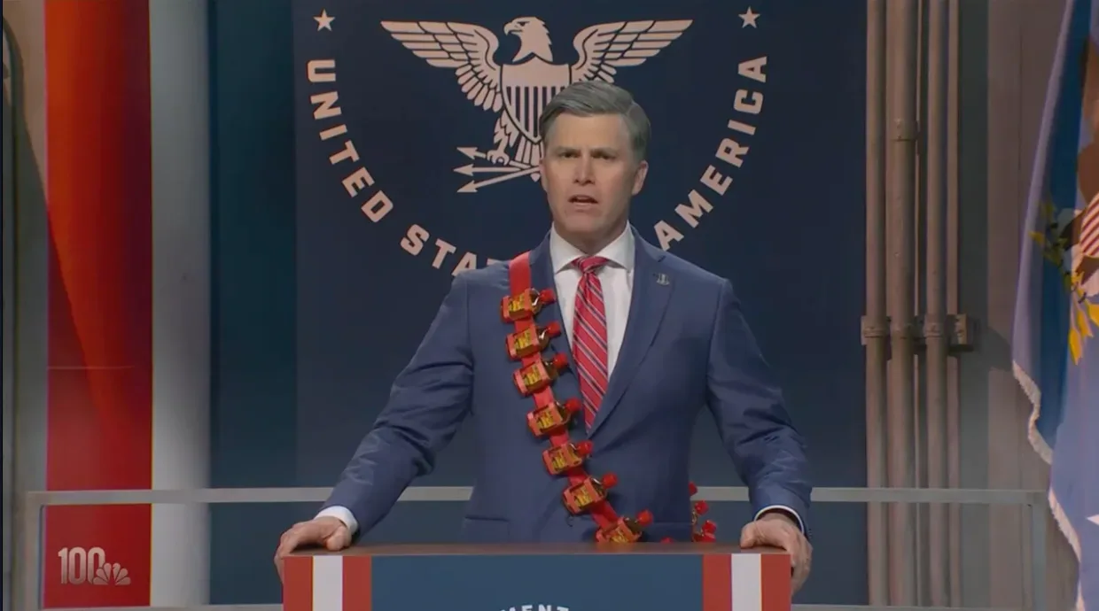 Colin Jost as Pete Hegseth in an SNL cold open about the USS Abraham Lincoln homecoming
