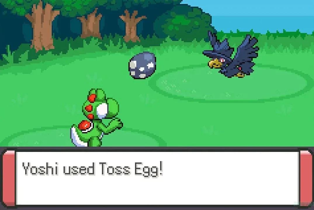 A Pokémon Emerald ROM hack scene with Mushroom Kingdom-inspired visual elements