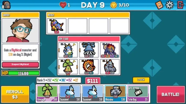 The shop screen and team organizer in Batomon Showdown.