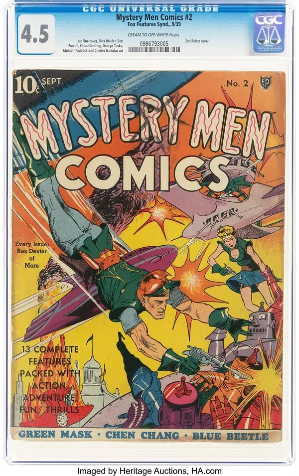 Mystery Men Comics #2 (Fox, 1939) front cover by Lou Fine, showing armed adventurers, robots and aircraft beneath the Mystery Men Comics masthead. The CGC Universal label shows 4.5.