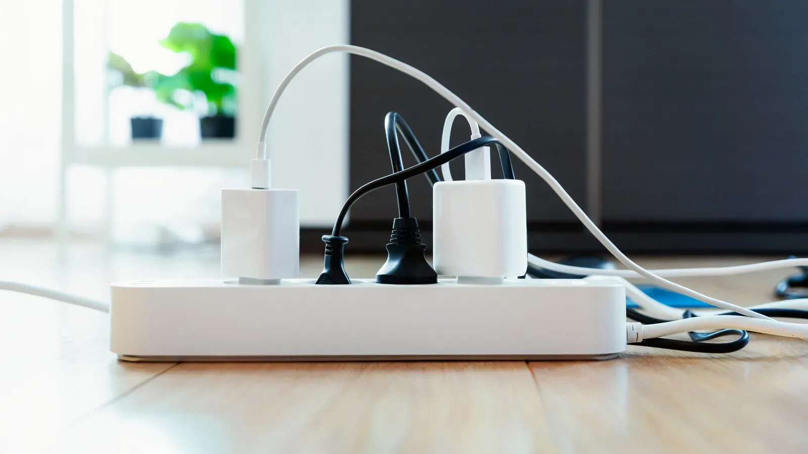 A surge protector beneath a PC gaming desk with a visible protection-status light
