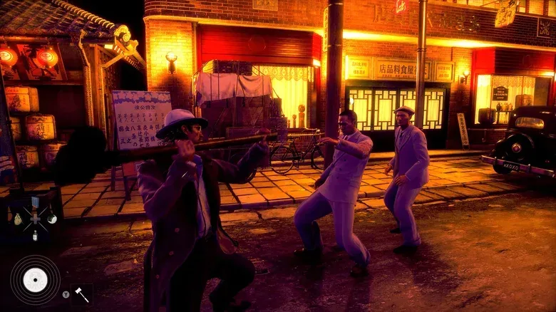 A man weilds a construction tool in a brawl against two goons in a screenshot from the video game Stranger Than Heaven.