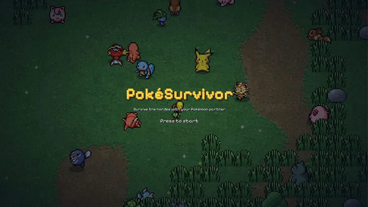 PokéSurvivor gameplay showing a Pokémon surrounded by enemies in a top-down retro-style arena