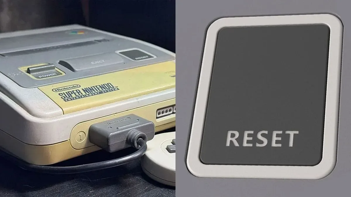 Close-up of a Super NES reset button used in Taki Udon's SSNT/SuperFPGA tease