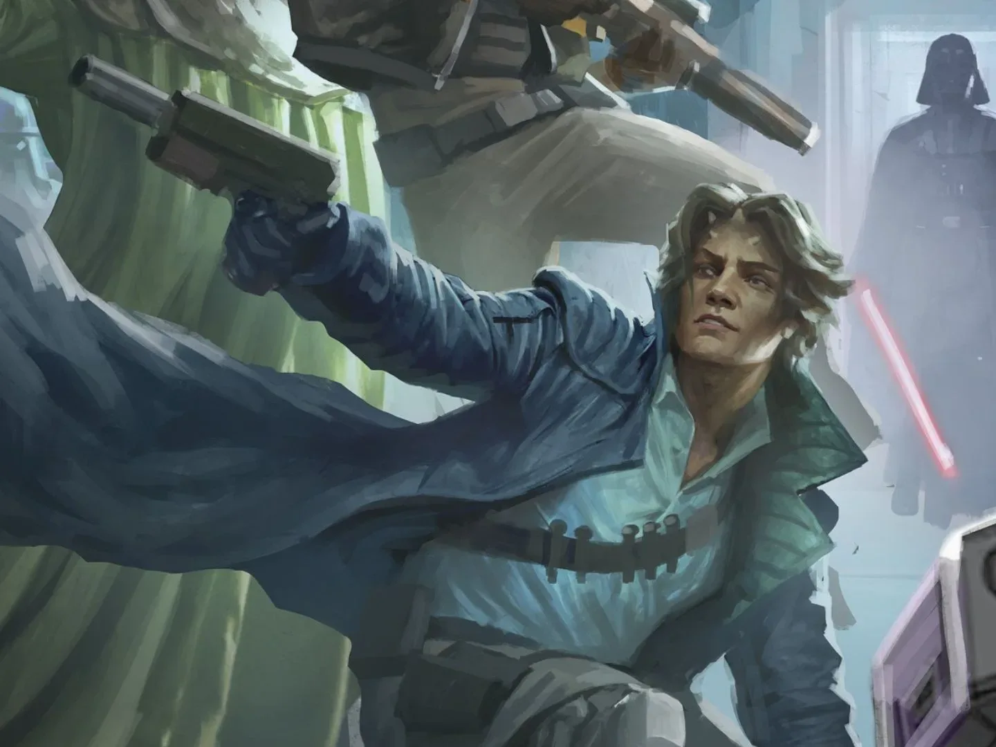 A Zabrak in a long coat with a gun aims out of frame, with Stormtroopers and Darth Vader visible in the background