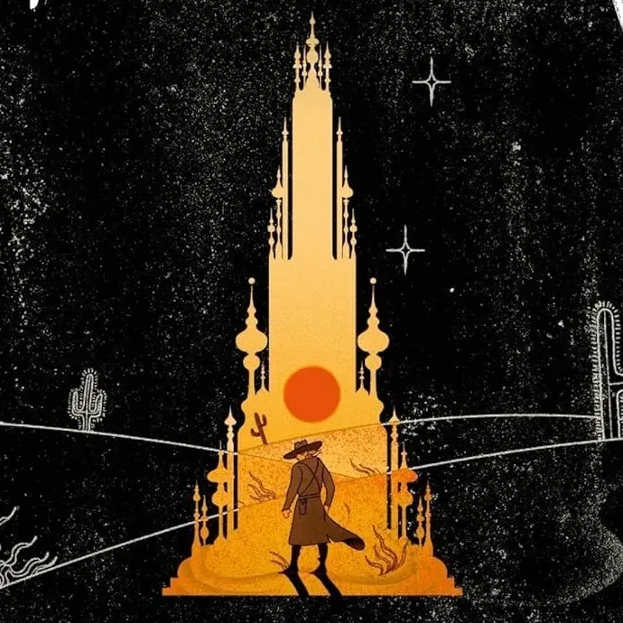 A lone gunslinger crossing a desert landscape, reflecting The Dark Tower’s opening pursuit