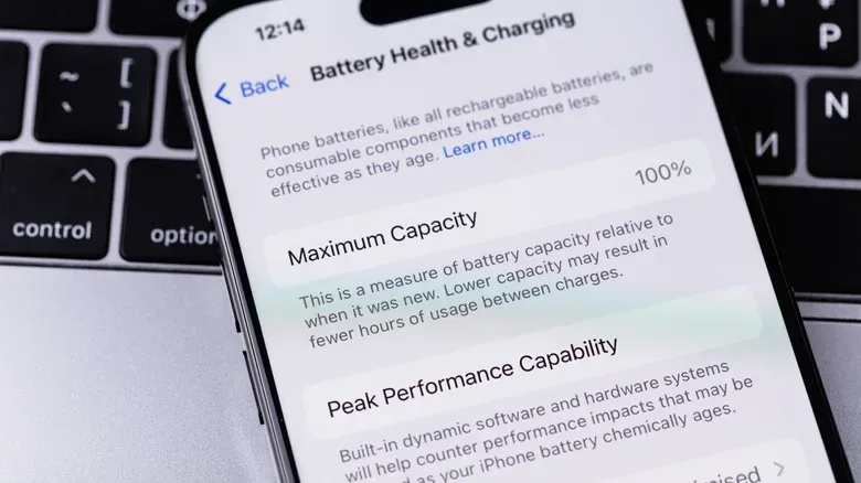 iPhone battery settings showing its maximum capacity of 100%.