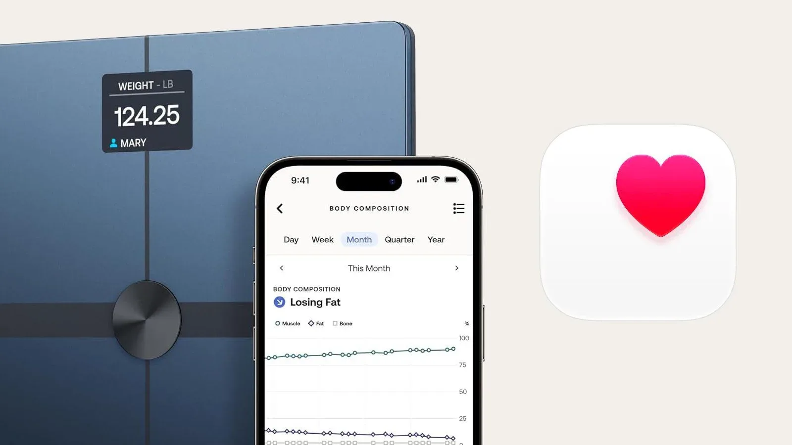 A smart scale beside a smartphone displaying health-tracking data