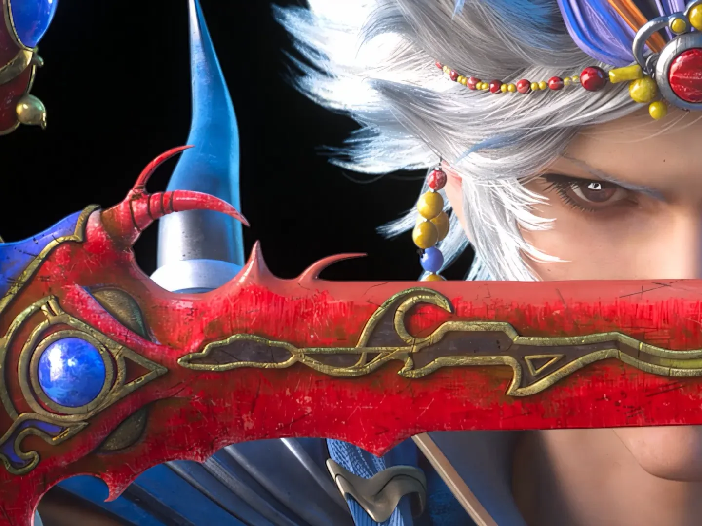 Screenshot from Final Fantasy Resonance, showing the Warrior of Light holding a red spiky sword up in front of his face.