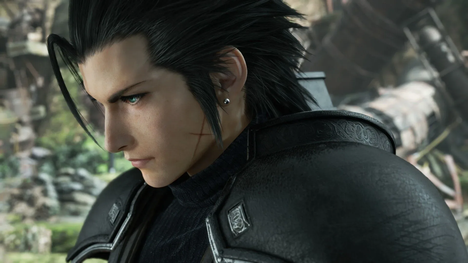 Zack Fair, with spiked black hair and a cross-shaped scar on his cheek, broods in Final Fantasy 7 Revelation