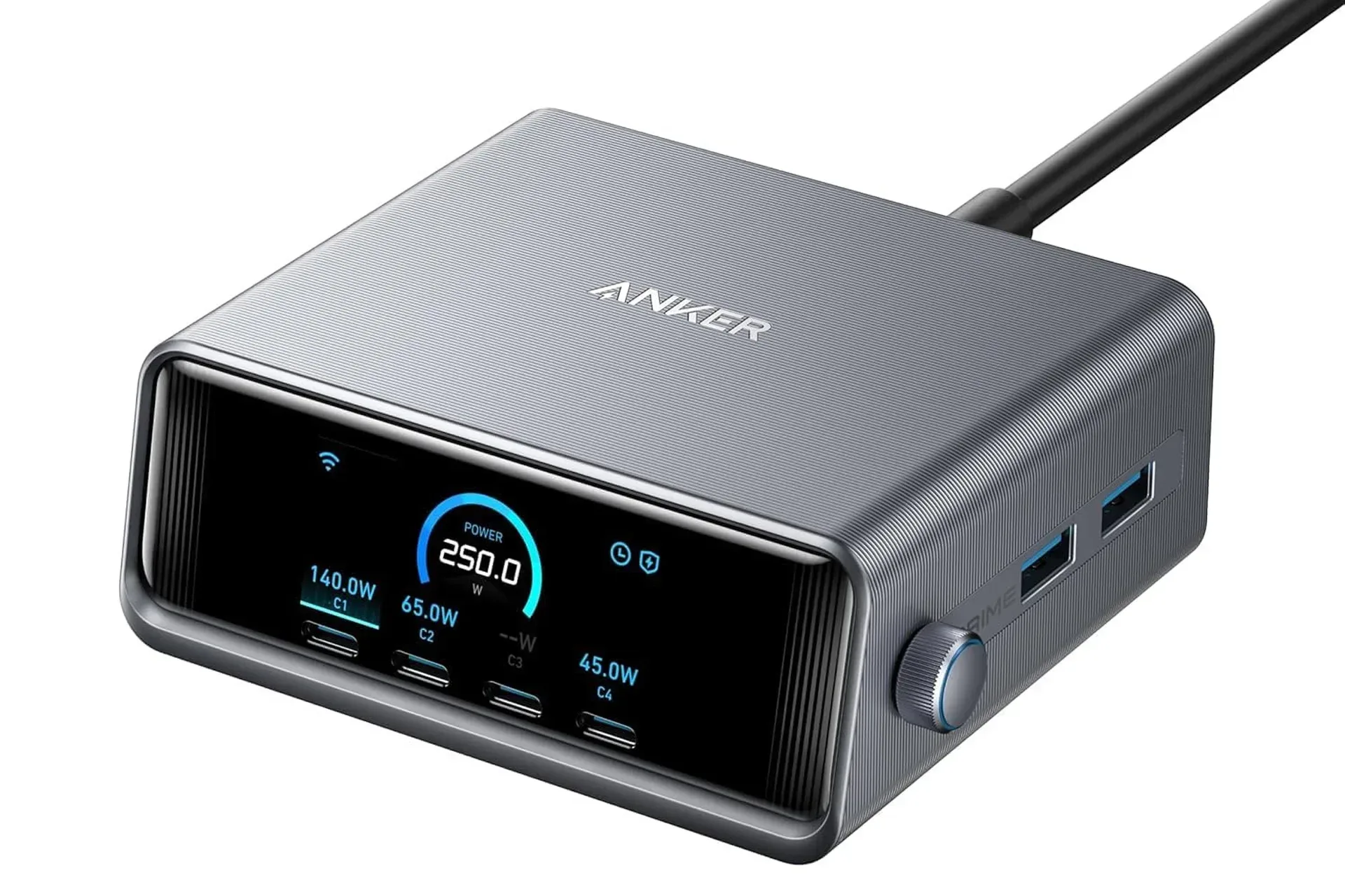 Anker Prime 250W charging station with four front USB-C ports and two side USB-A ports