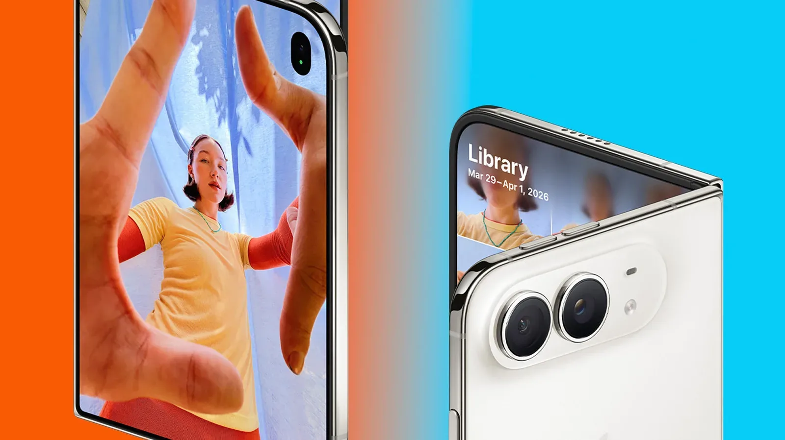 iPhone Duo partially folded and standing upright for a group photo