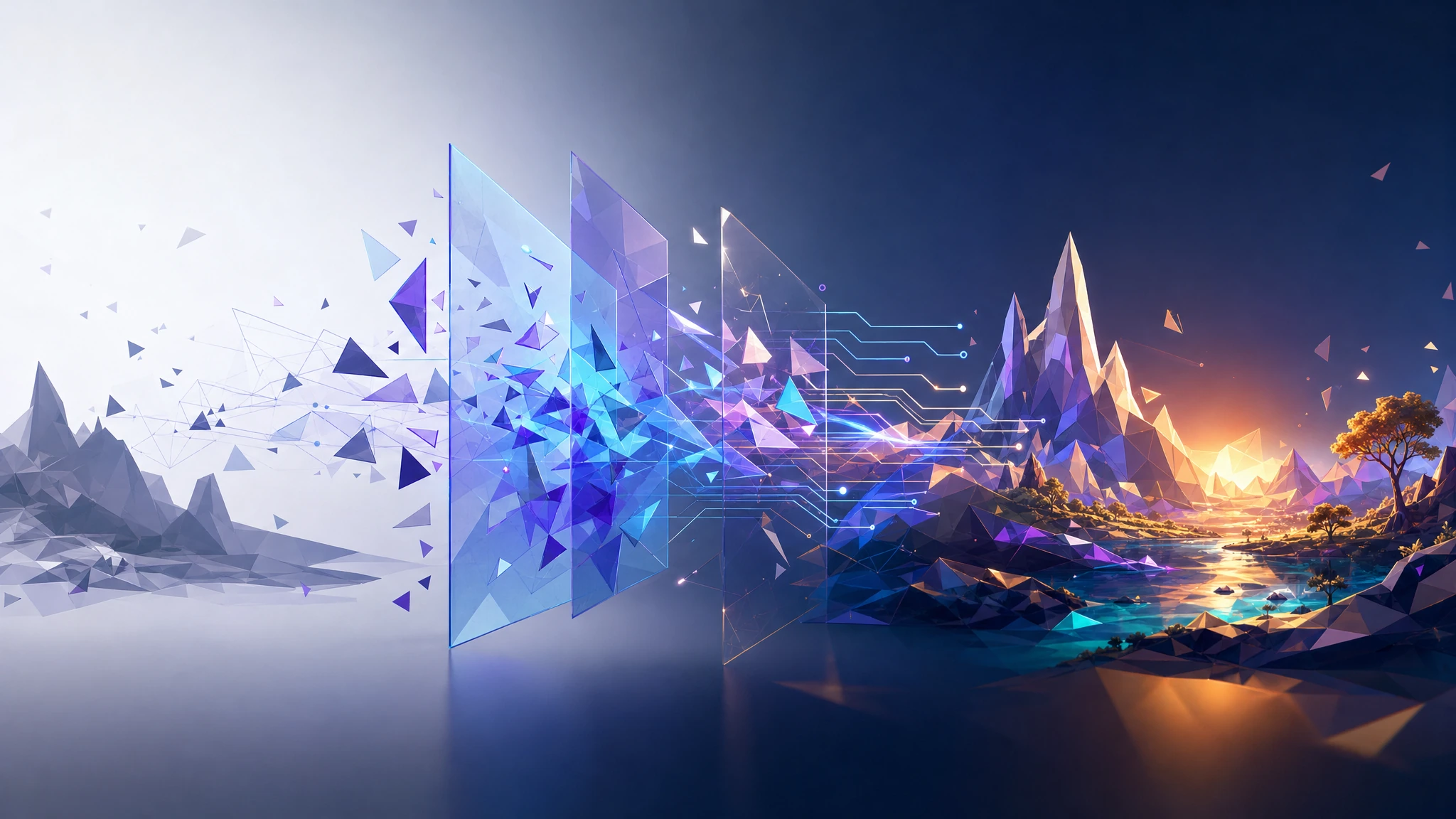 Abstract landscape transformed through translucent geometric layers, illustrating graphics translation