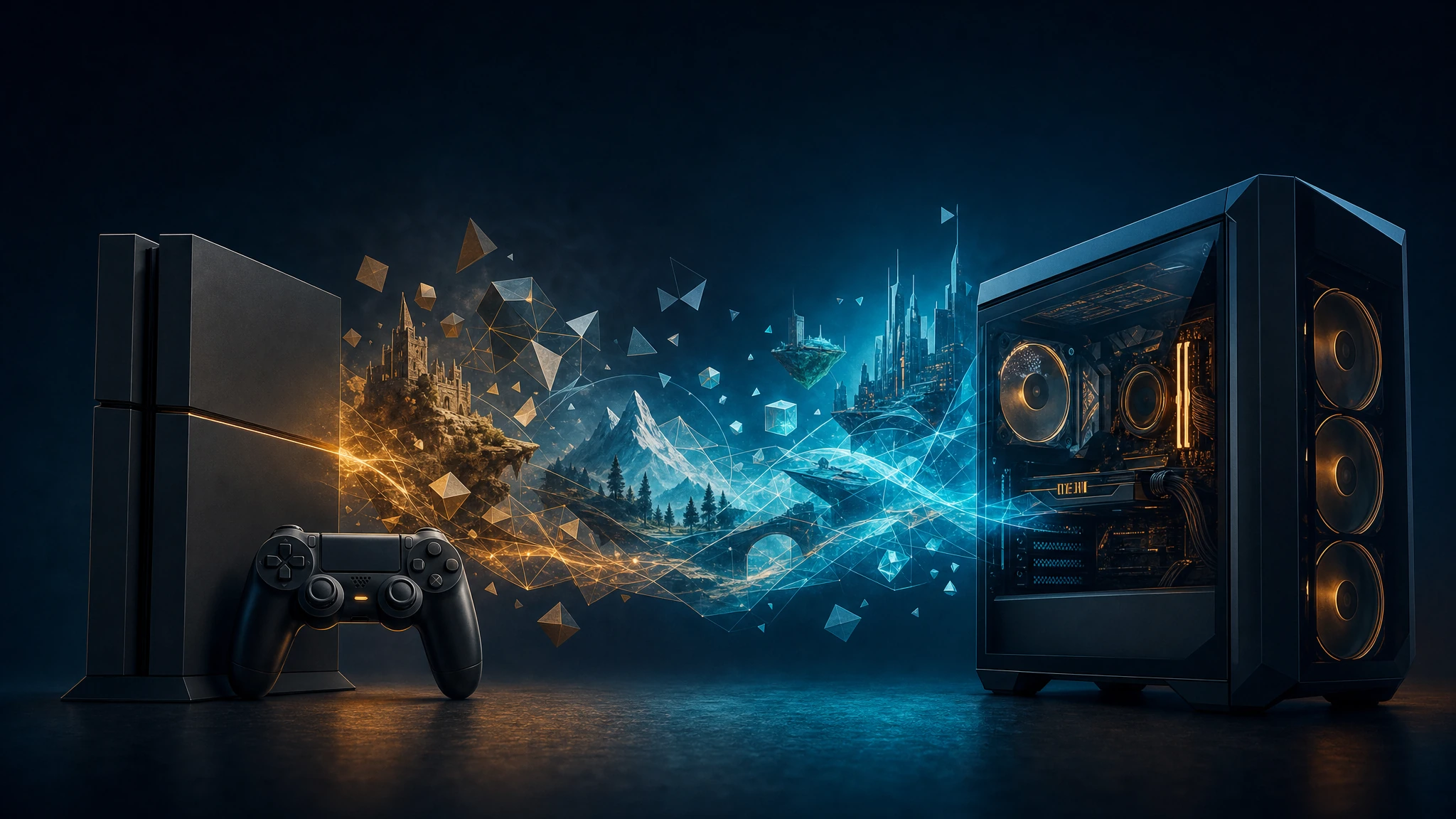 Original editorial illustration of a games console and controller connected to a desktop computer by luminous geometric scenery