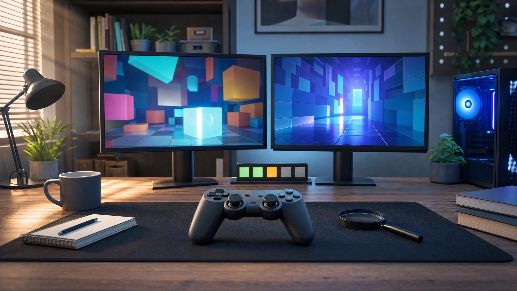 Illustrated testing desk with a controller, geometric test scenes and neutral indicator tiles