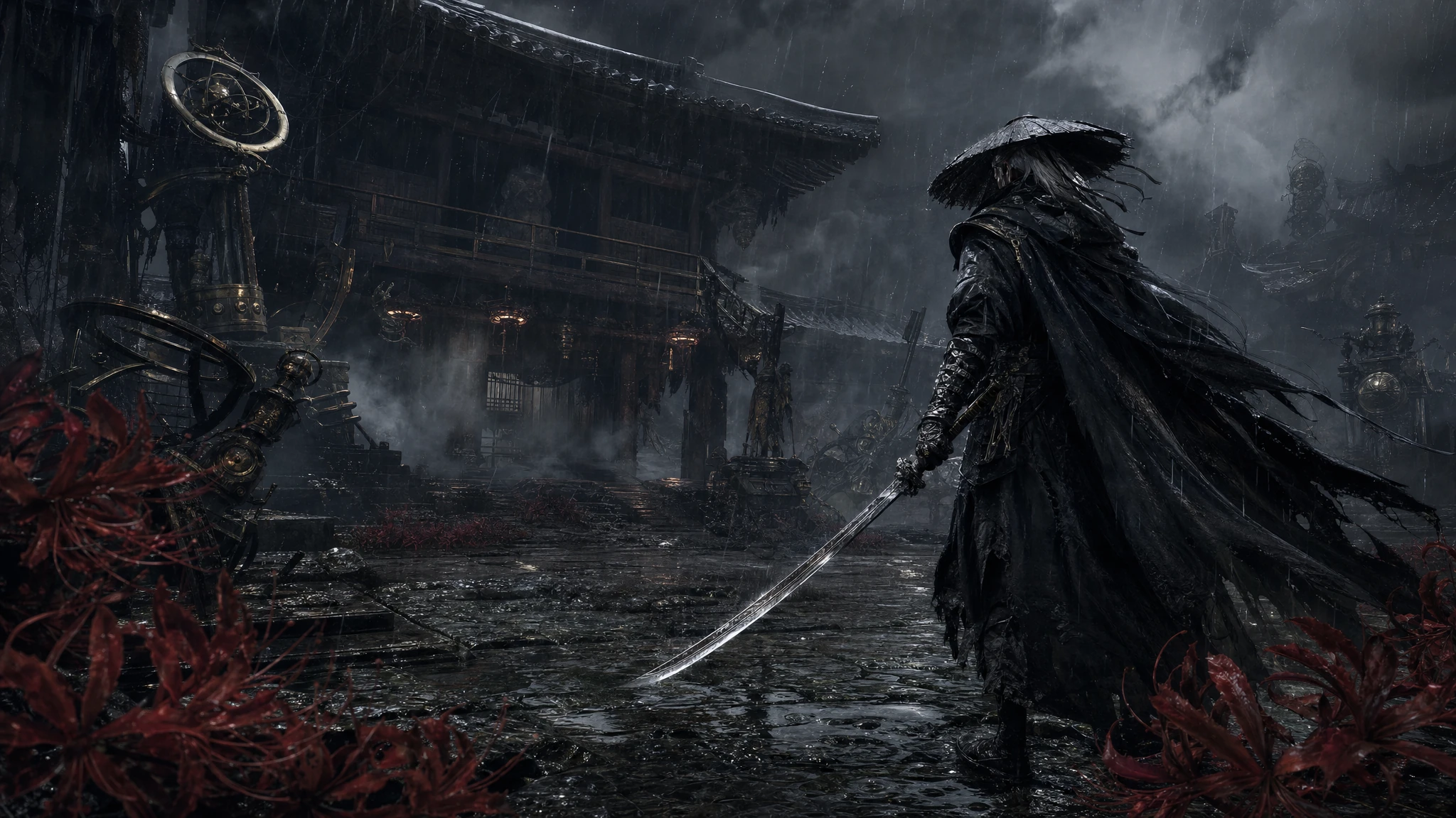 Original dark wuxia editorial illustration of a lone swordsman in a rain-soaked courtyard