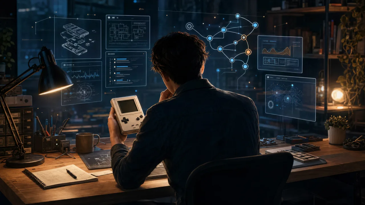 Editorial illustration of a researcher examining a handheld game console with analytical diagrams