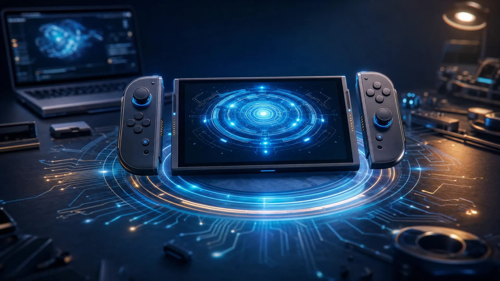 Editorial illustration of a handheld game console surrounded by layered digital security rings