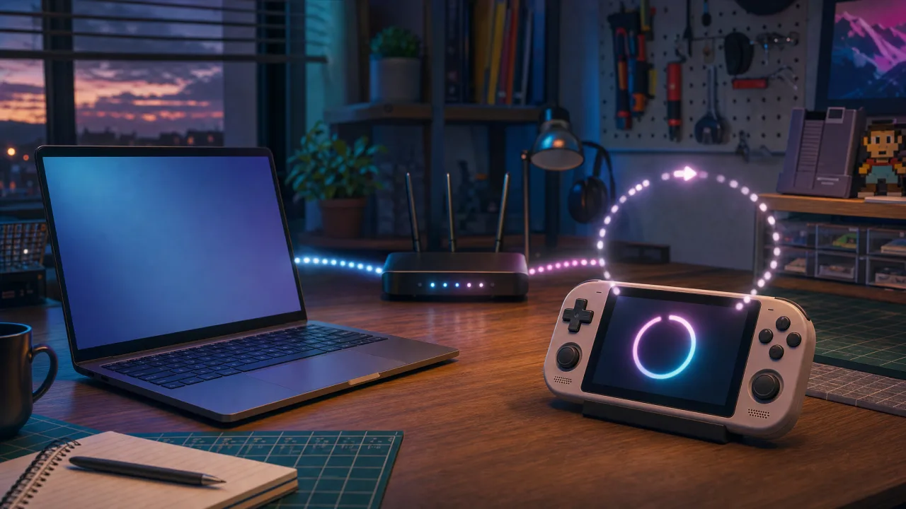 Editorial illustration of a laptop and handheld game console communicating through a local network