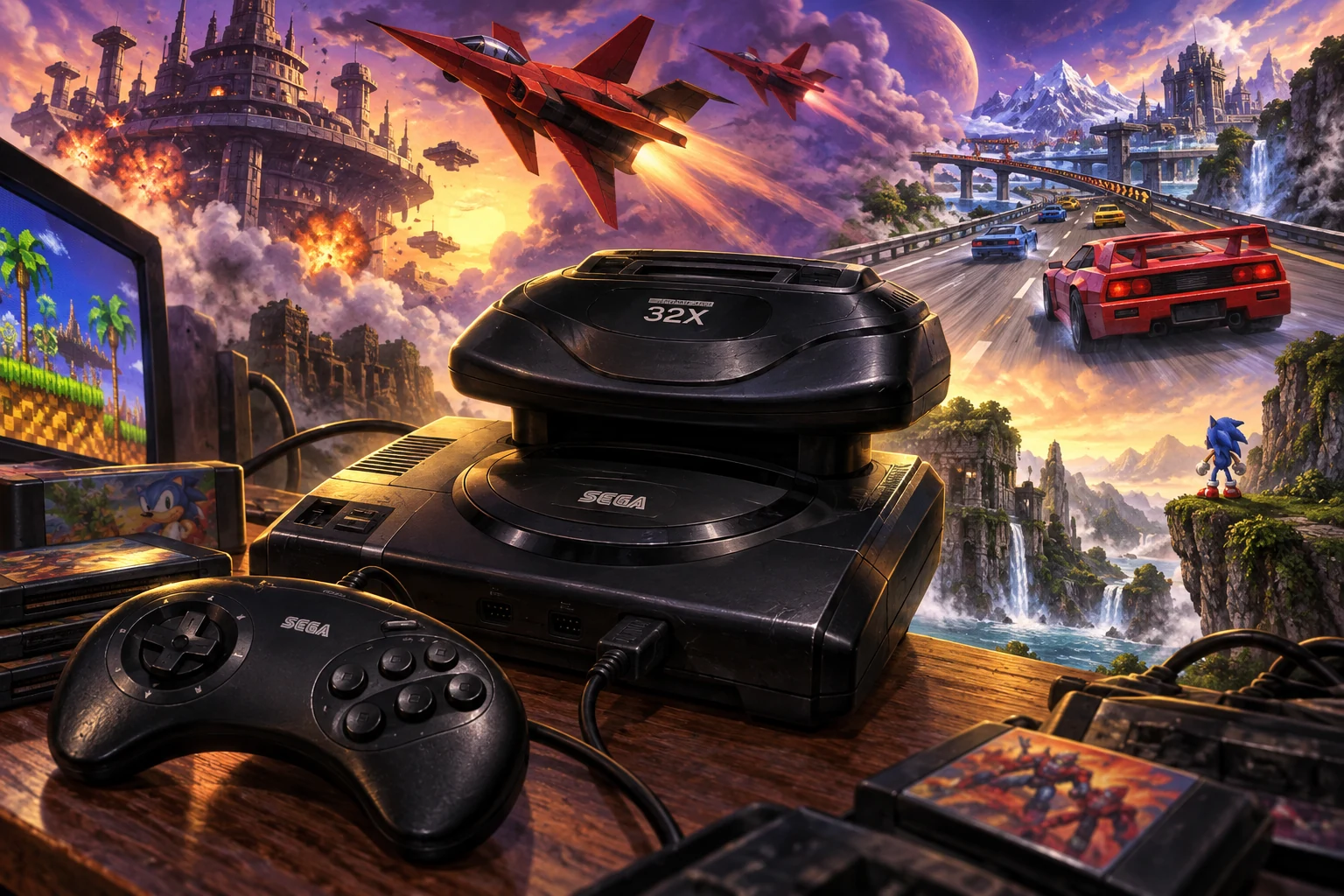Sega 32X hardware and imaginative gaming worlds - original editorial illustration