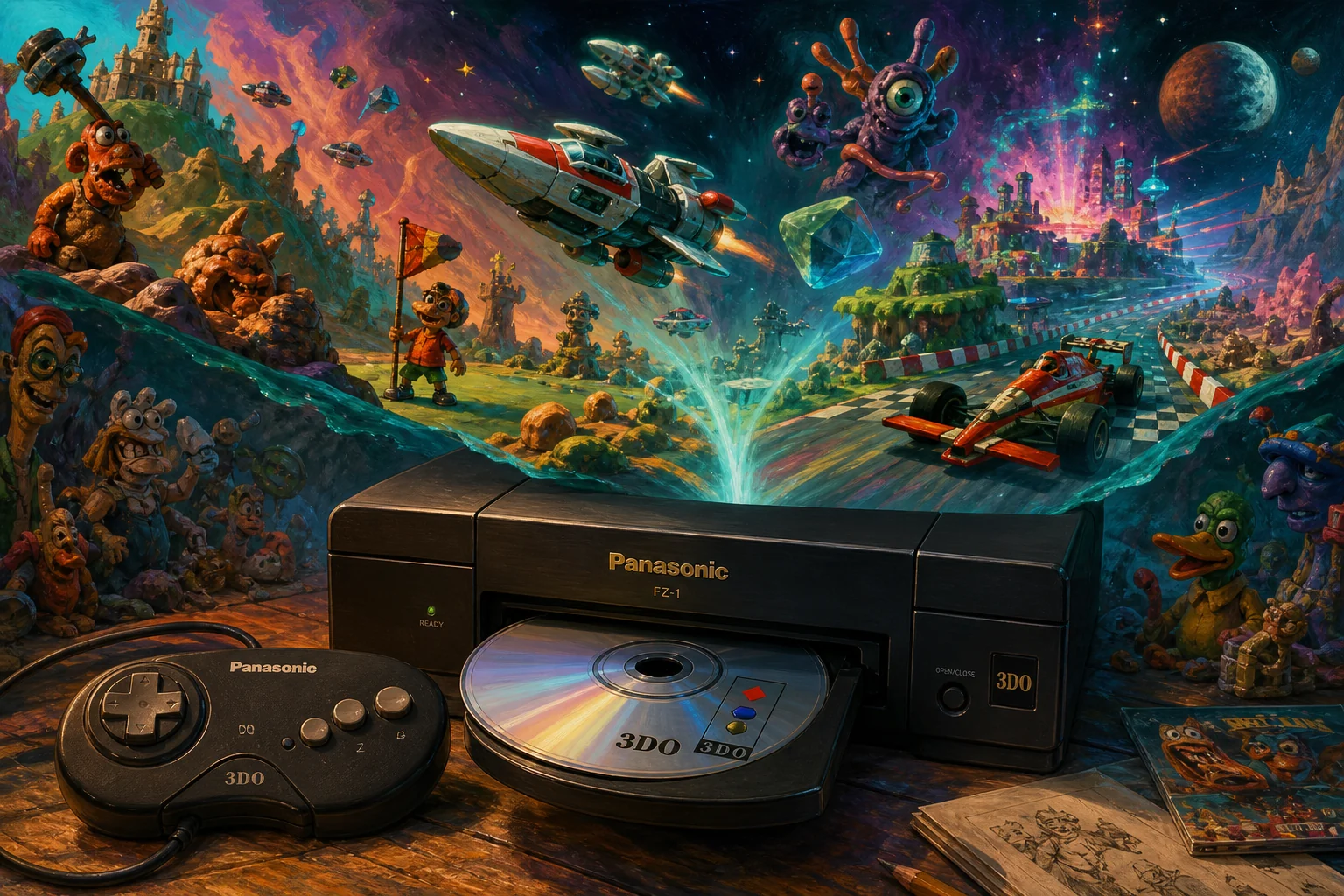 Panasonic 3DO hardware and imaginative gaming worlds - original editorial illustration