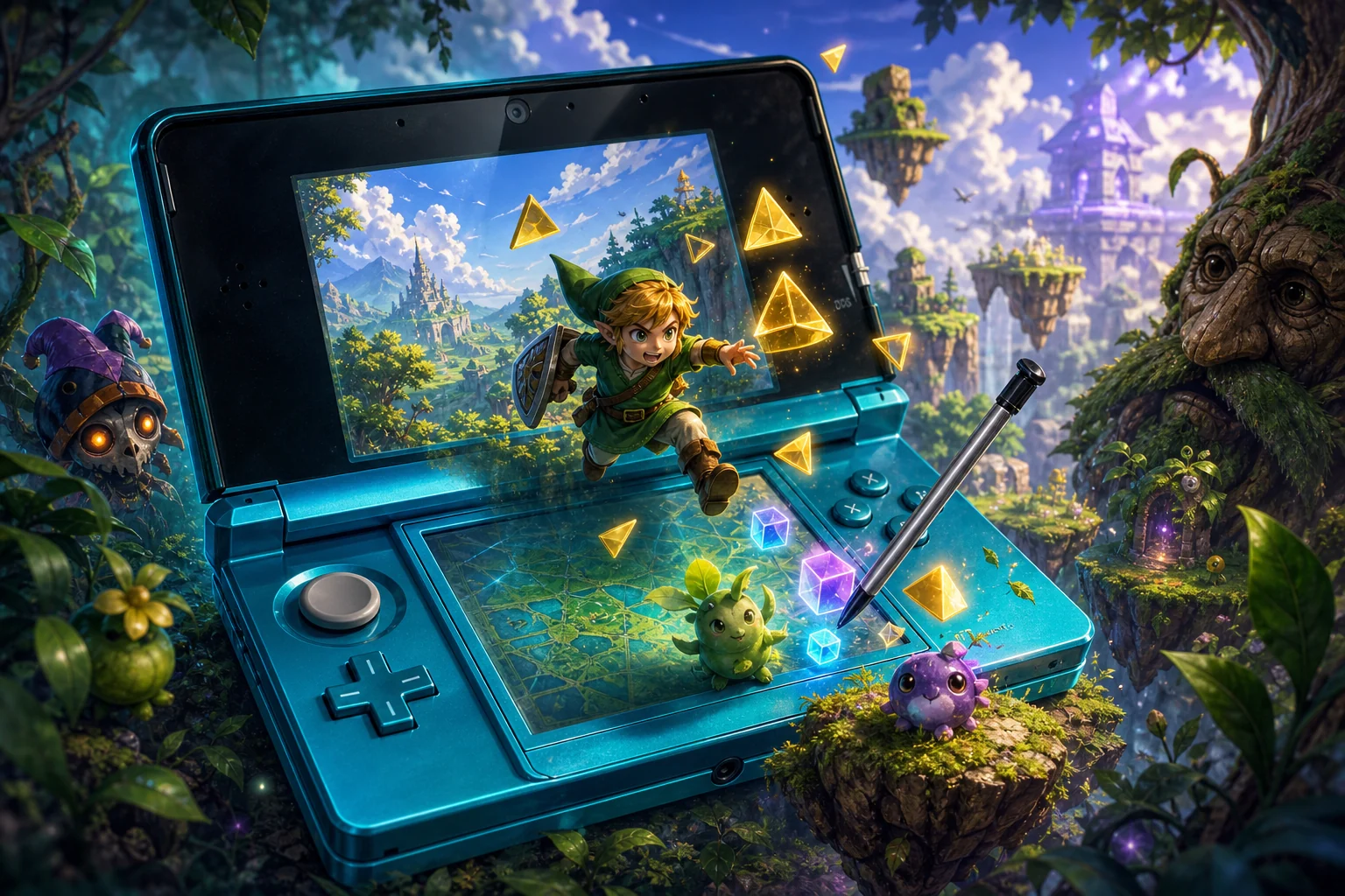 Nintendo 3DS hardware and imaginative gaming worlds - original editorial illustration