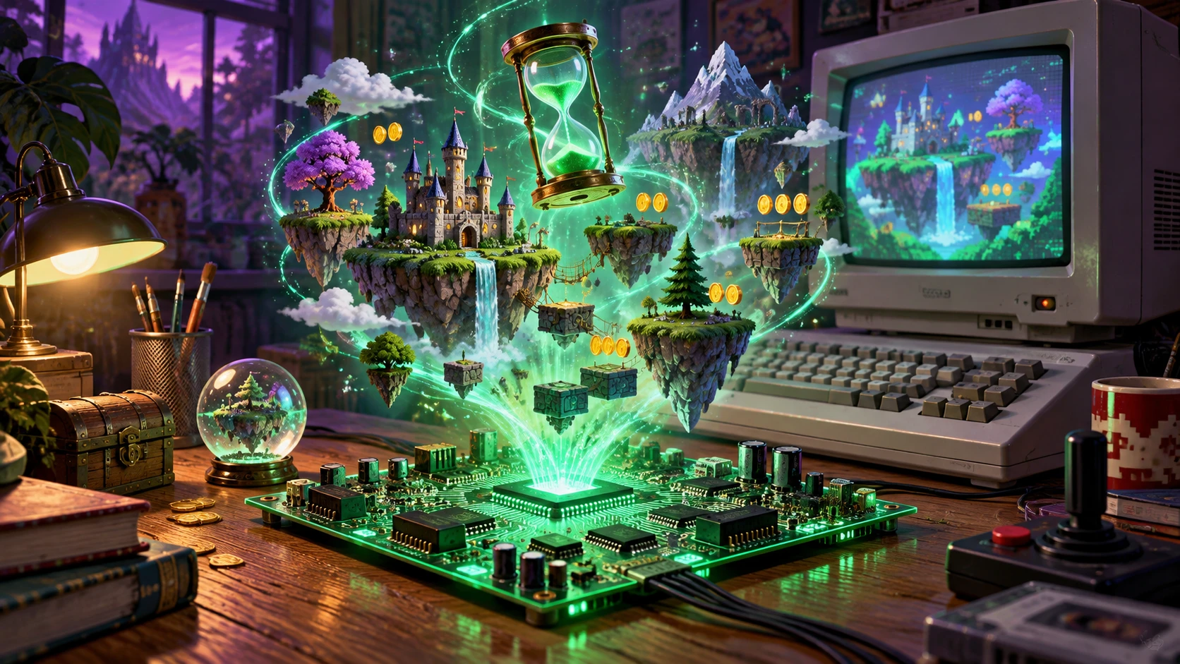 A golden cartridge adapter releasing a swirling genie of light and pixels beside a retro console â€” editorial illustration