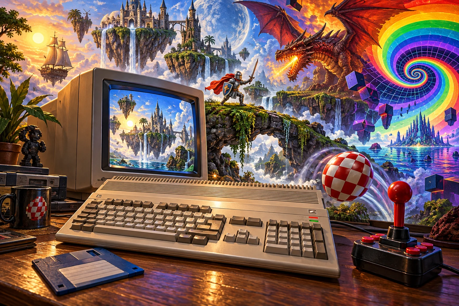 Commodore Amiga hardware and imaginative gaming worlds - original editorial illustration