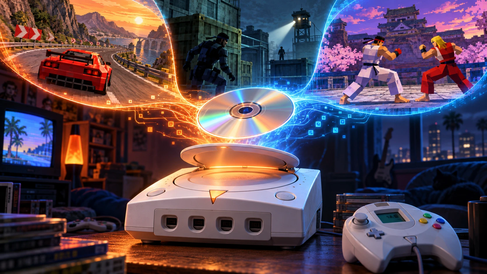 A golden cartridge adapter releasing a swirling genie of light and pixels beside a retro console â€” editorial illustration