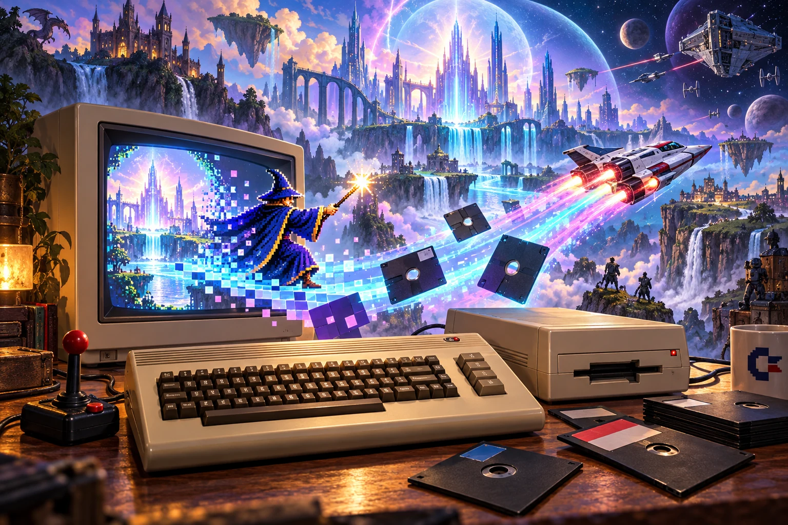 Commodore 64 hardware and imaginative gaming worlds - original editorial illustration