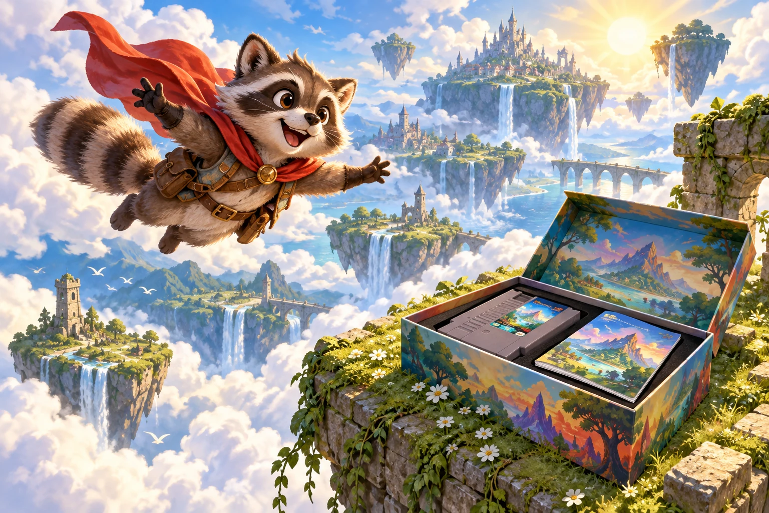 A flying raccoon adventurer discovers a complete boxed game among floating islands — editorial illustration
