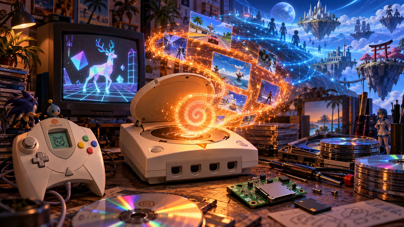 A Dreamcast and VMU controller surrounded by CD-Rs, an SD board, a glowing spiral and imagined online worlds — original editorial illustration