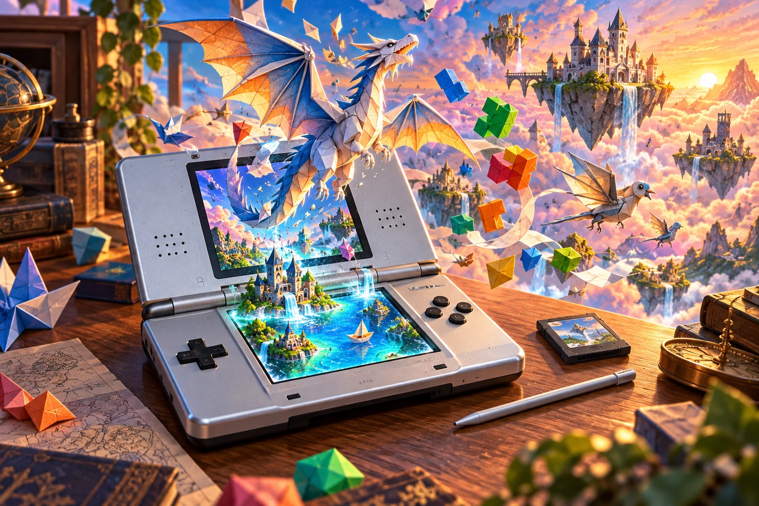 Nintendo DS hardware and imaginative gaming worlds - original editorial illustration