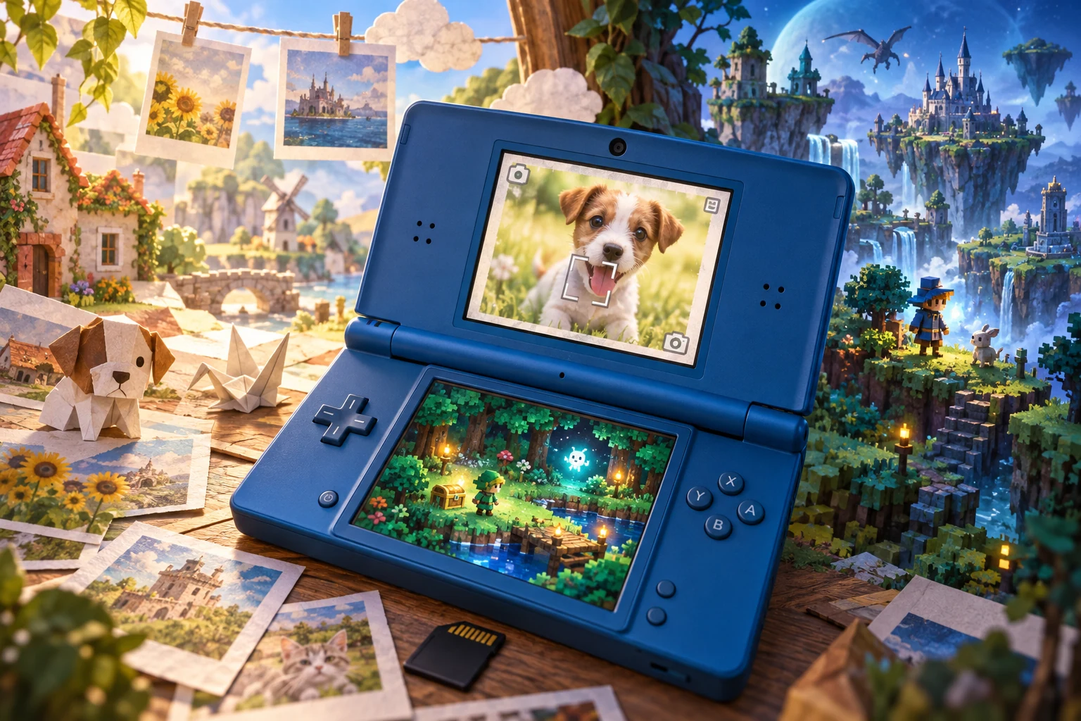 Nintendo DSi / DSi XL hardware and imaginative gaming worlds - original editorial illustration