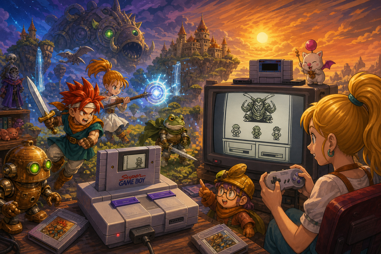 Editorial illustration for Super Game Boy: How Nintendo Turned the Game Boy Into a Super NES Peripheral