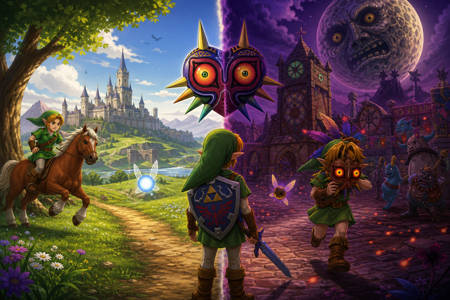 Editorial illustration for Ocarina of Time vs Majora's Mask: Choose the Zelda Rhythm You Want