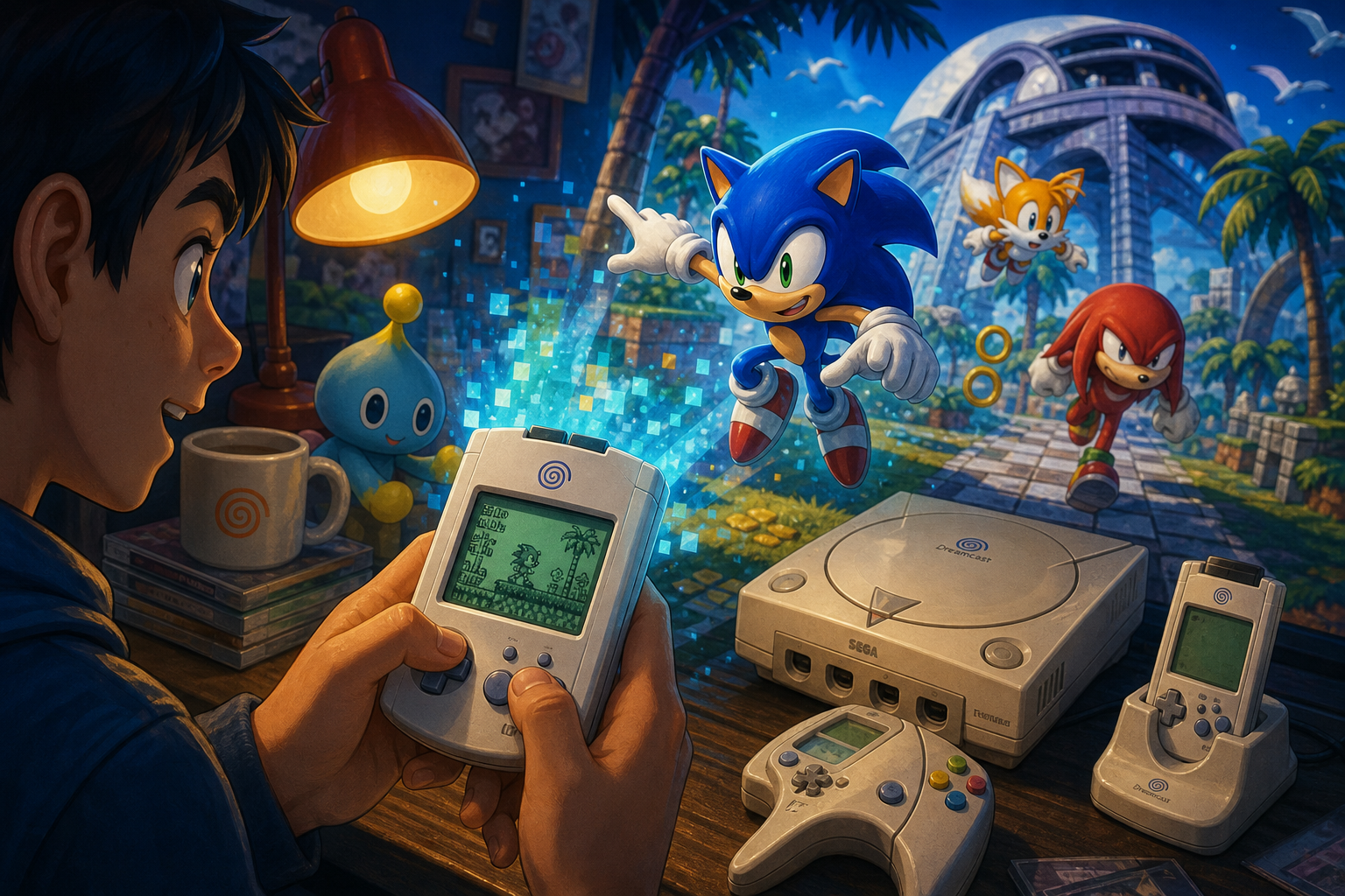 Editorial illustration for Dreamcast VMU: The Memory Card That Was Also a Tiny Game System