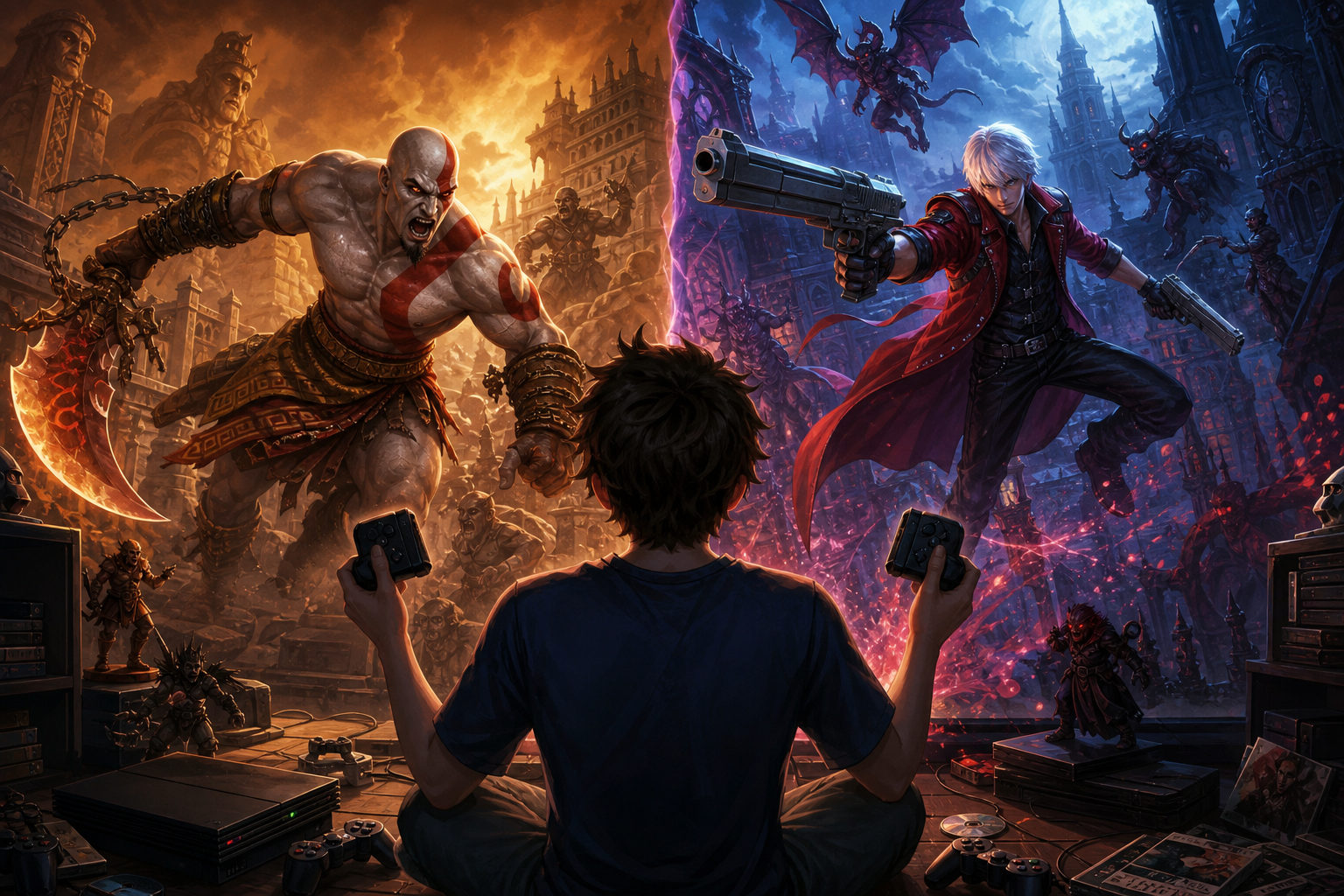 Editorial illustration for God of War vs Devil May Cry: Which PS2 Action Style Fits You?