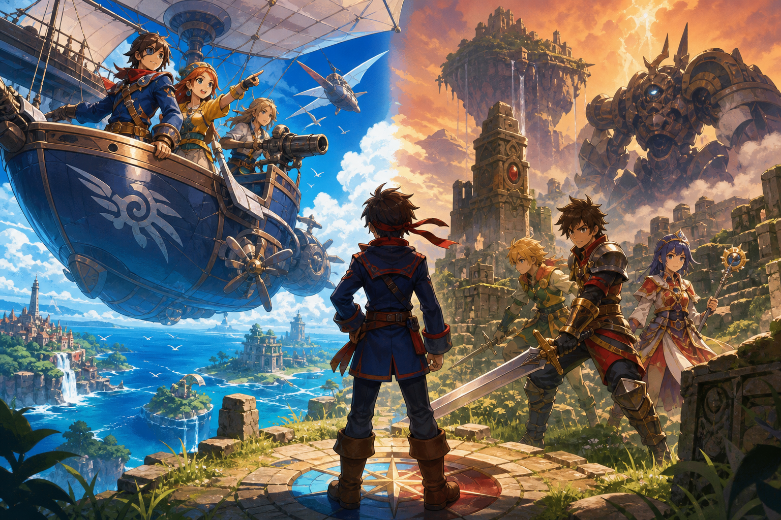 Editorial illustration for Skies of Arcadia vs Grandia II: Which Dreamcast RPG Fits Your First Long Adventure?