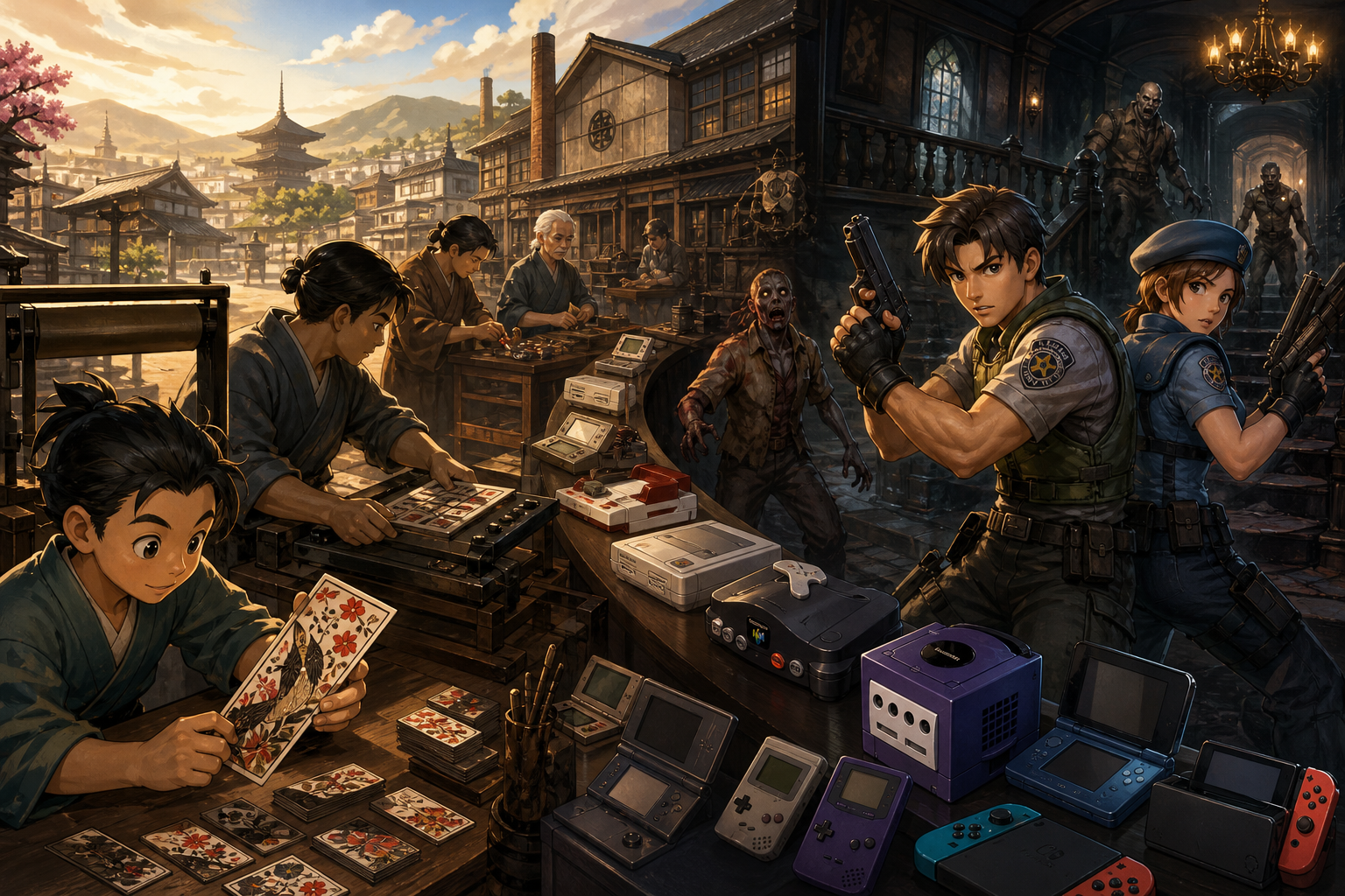 Editorial illustration for Nintendo, 1889–2001: How a Kyoto Card Maker Built a Hardware Empire
