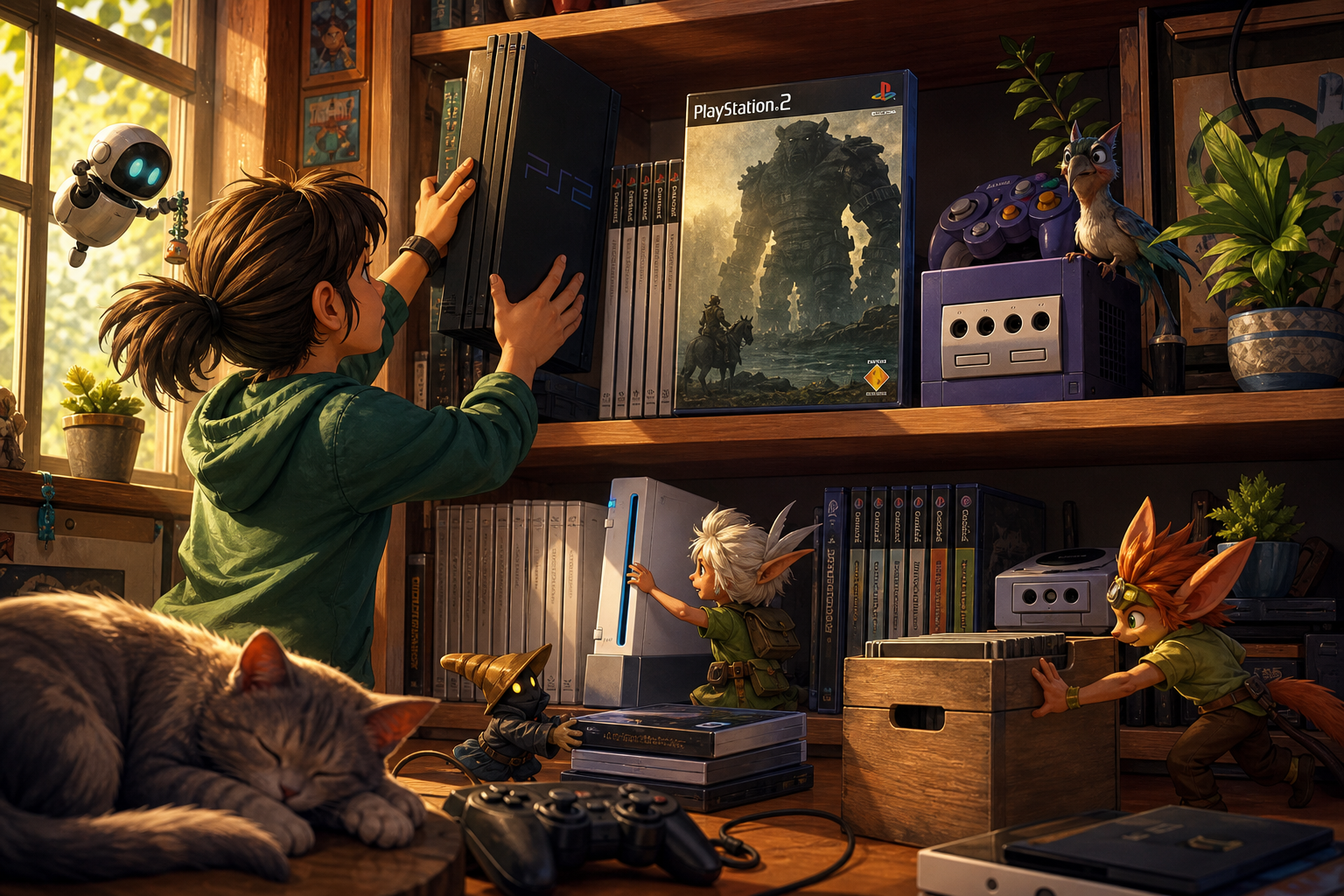 Editorial illustration for Give a Retro Console Room to Breathe: Safe Shelf Placement for PS2, GameCube and Wii Libraries