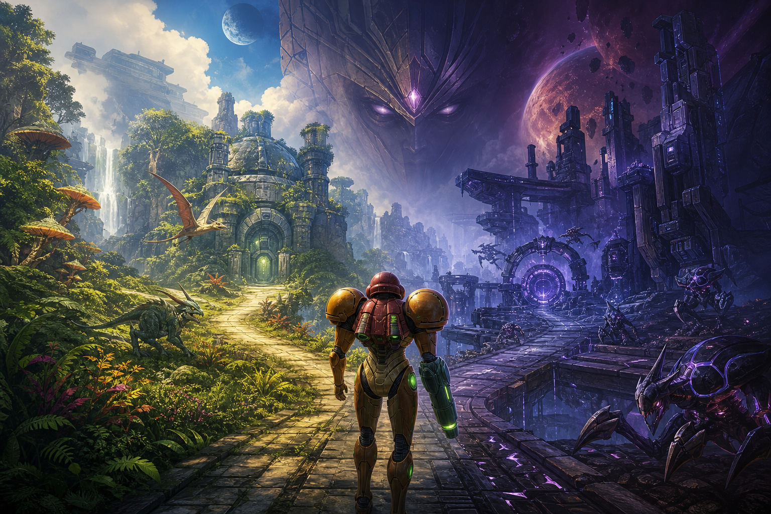 Editorial illustration for Which GameCube Metroid Prime Should You Start With? Choose Between Prime’s Natural Exploration and Echoes’ Harder Map