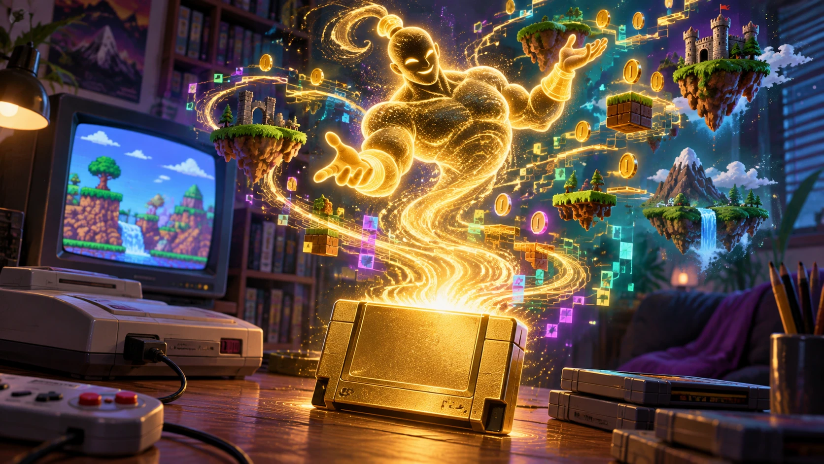 A golden cartridge adapter releasing a swirling genie of light and pixels beside a retro console — editorial illustration