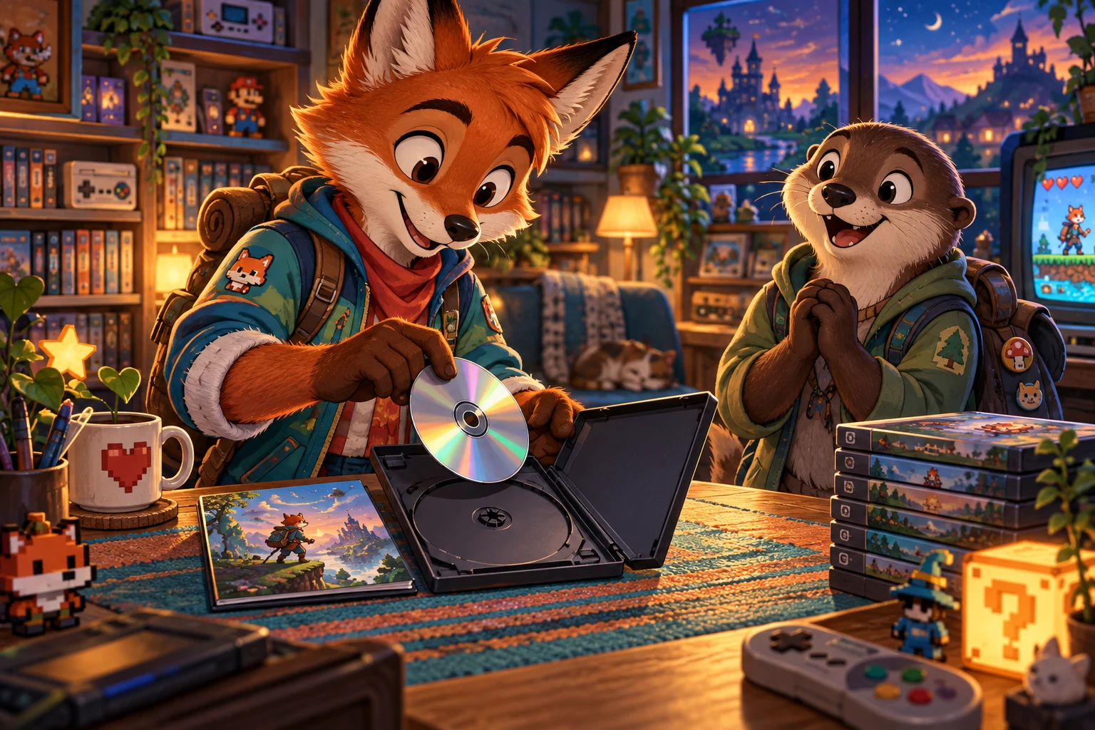 A fox carefully places a game disc in its case while a friend waits — editorial illustration