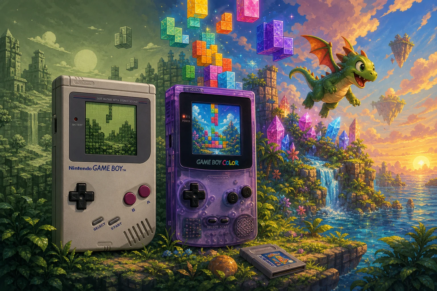 Game Boy and Game Boy Color hardware and imaginative gaming worlds - original editorial illustration
