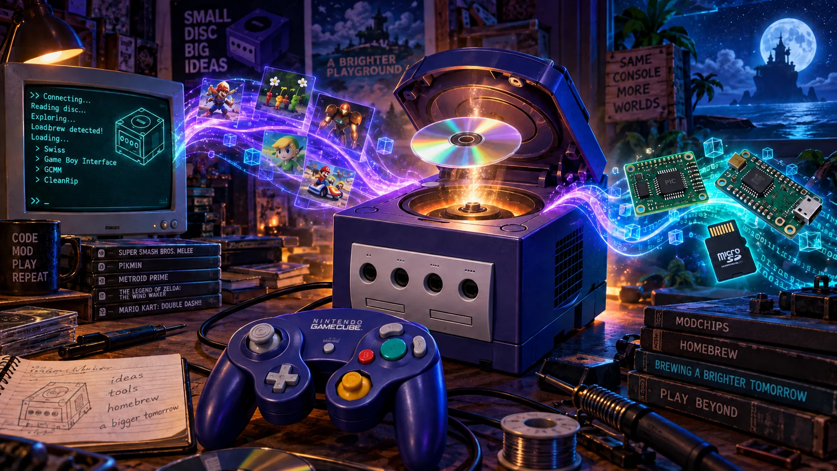 An indigo GameCube, miniature disc and controller surrounded by glowing circuitry and homebrew tools â€” original editorial illustration