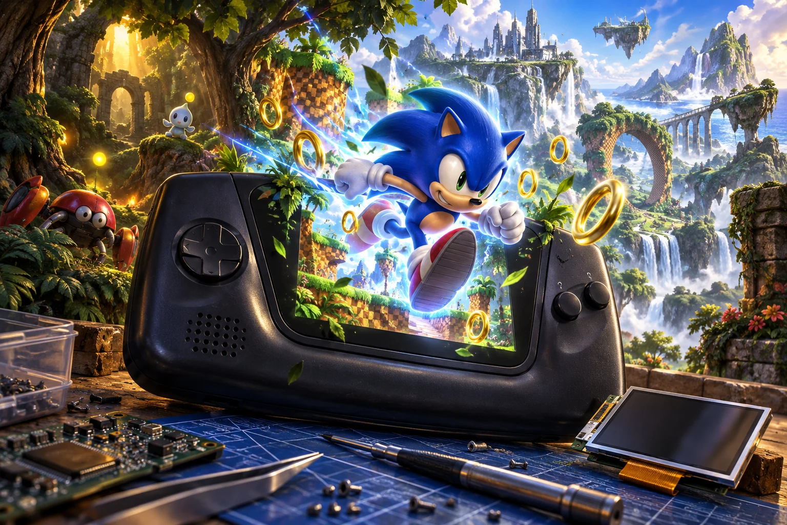 Sega Game Gear hardware and imaginative gaming worlds - original editorial illustration