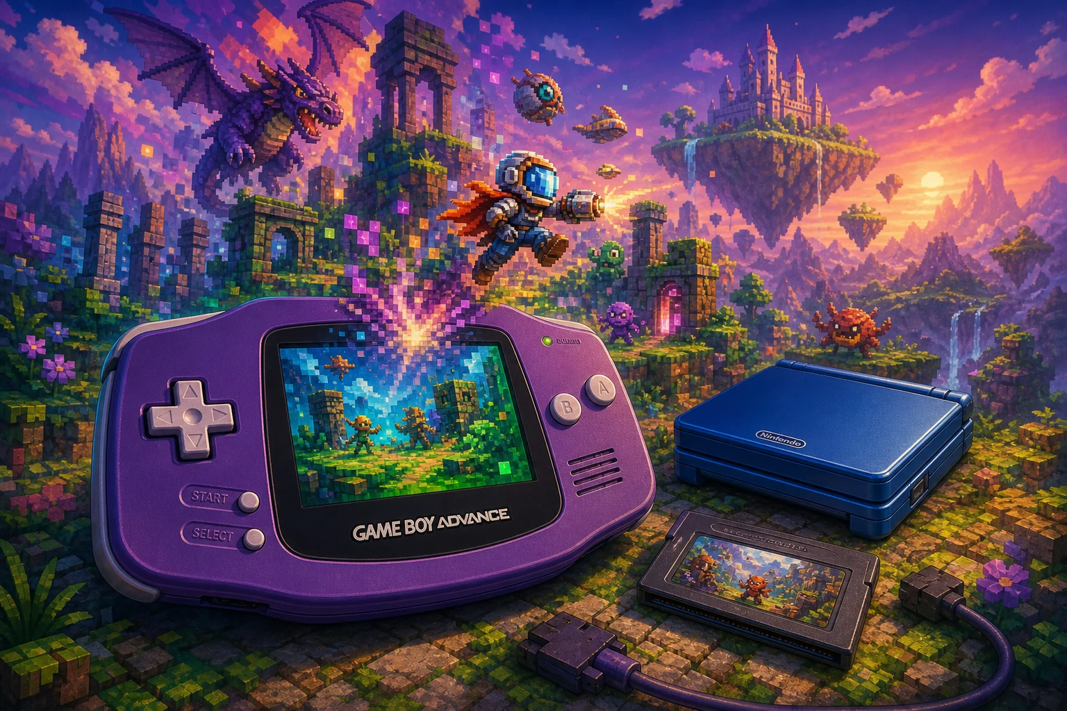 Game Boy Advance hardware and imaginative gaming worlds - original editorial illustration