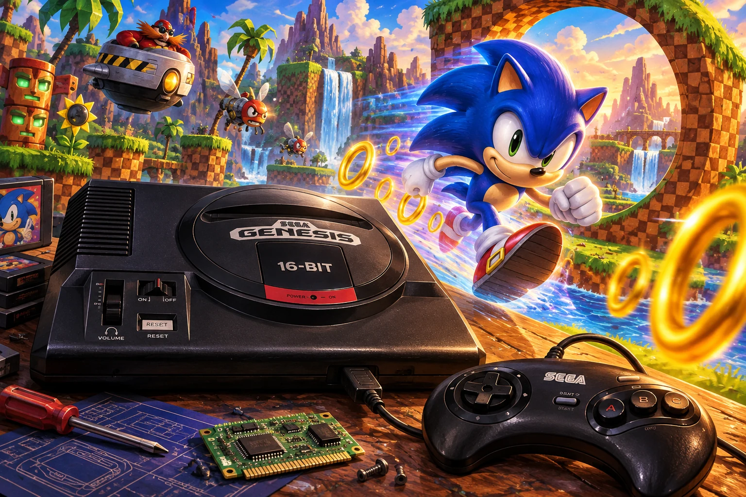 Sega Genesis / Mega Drive hardware and imaginative gaming worlds - original editorial illustration