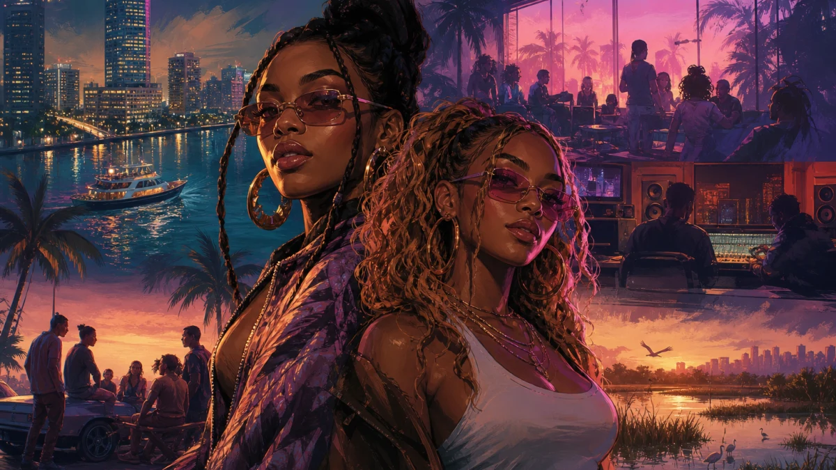 Original editorial illustration for Real Dimez in GTA VI: What Rockstar Has Confirmed About Bae-Luxe and Roxy